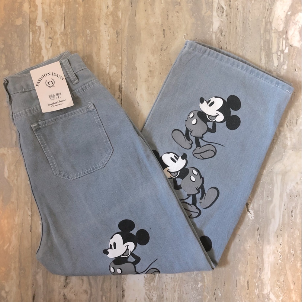 Mickey Mouse Wide Legged Baggy Light Blue Jeans Disney Size Large.